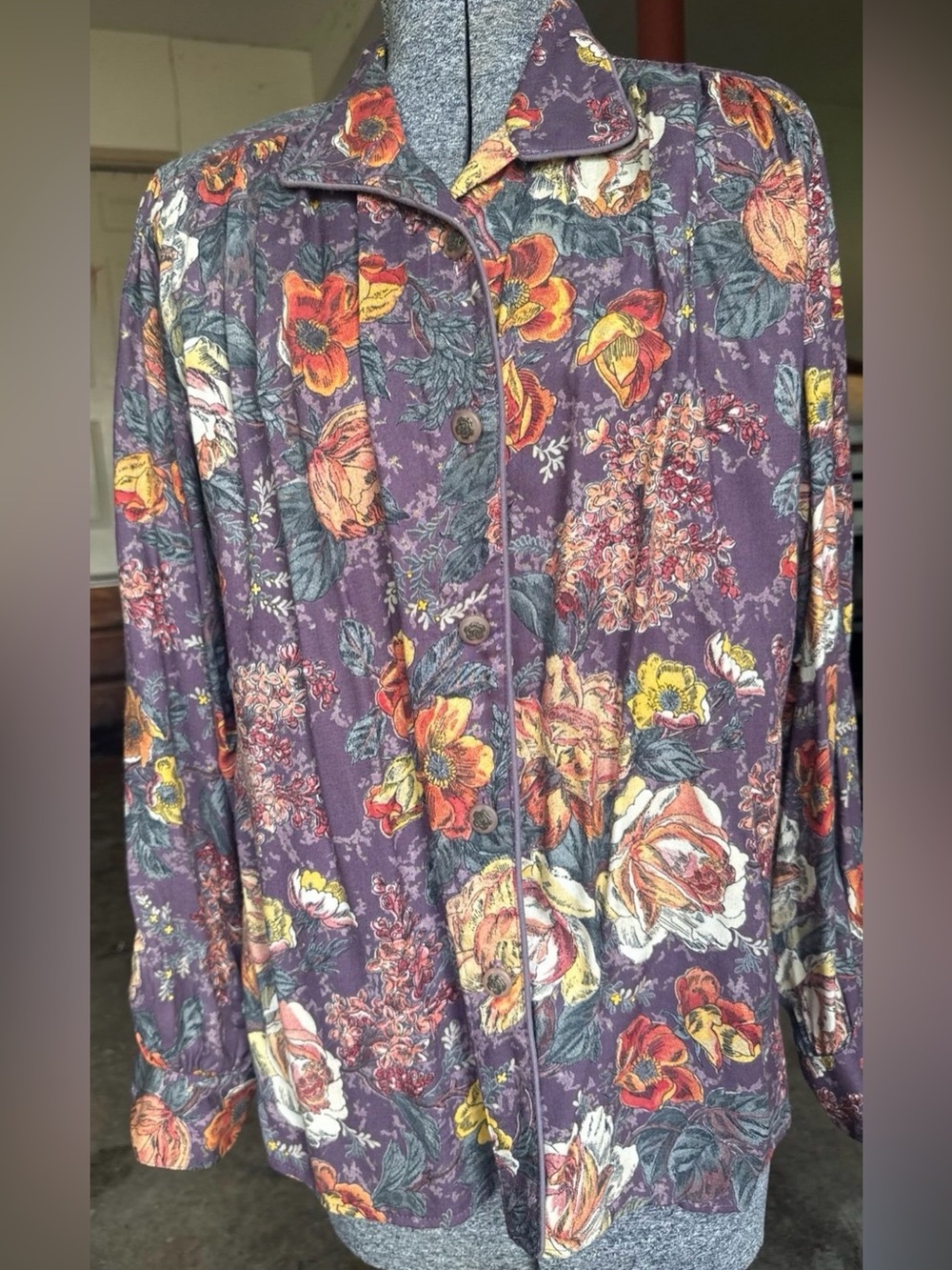 Carole Little Vintage Floral Button-Up Long Sleeve Blouse